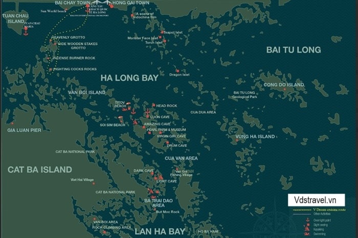 Bản đồ tour thăm vịnh 4 tiếng với các điểm đến: Hòn Chó Đá - Đỉnh Hương - Ba Hang - Gà Chọi -- Đọng Thiên Cung